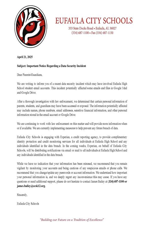 Notice regarding a data security incident